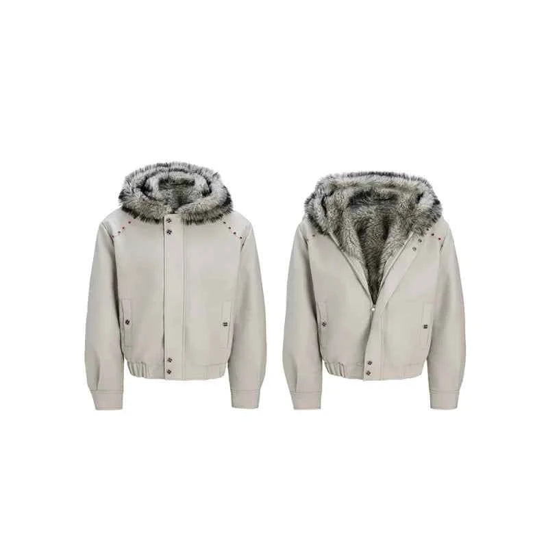 Soft Patchwork Hooded Faux Fur Leather Jacket