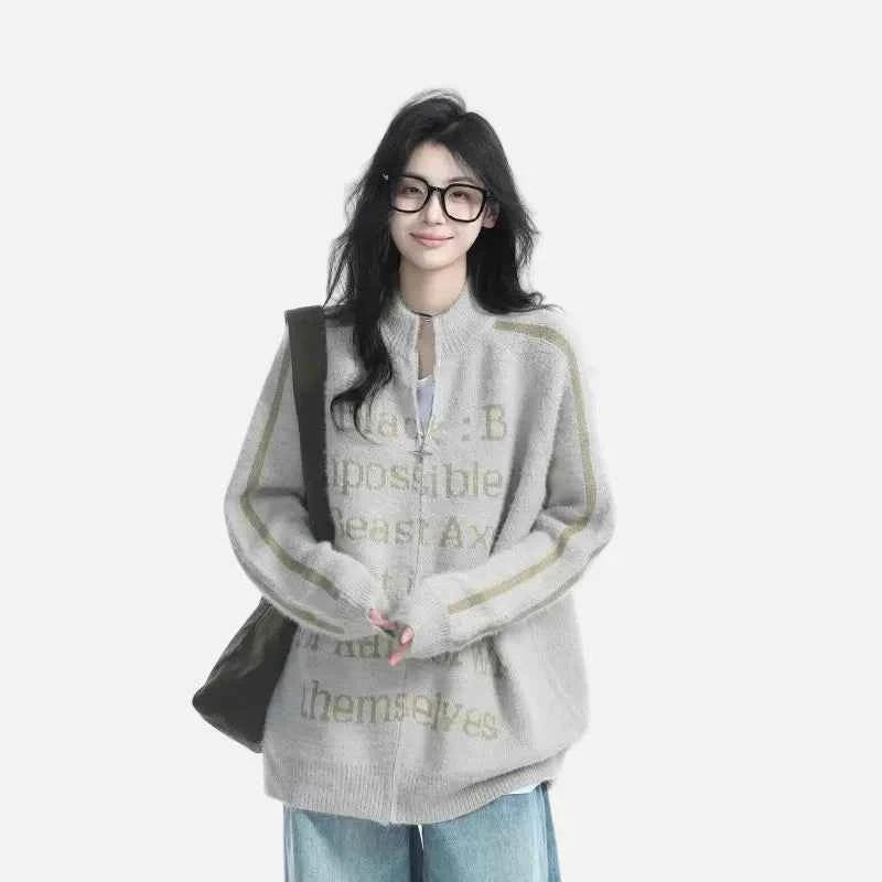 Vintage Knitted Stand Collar Zipper Cardigan