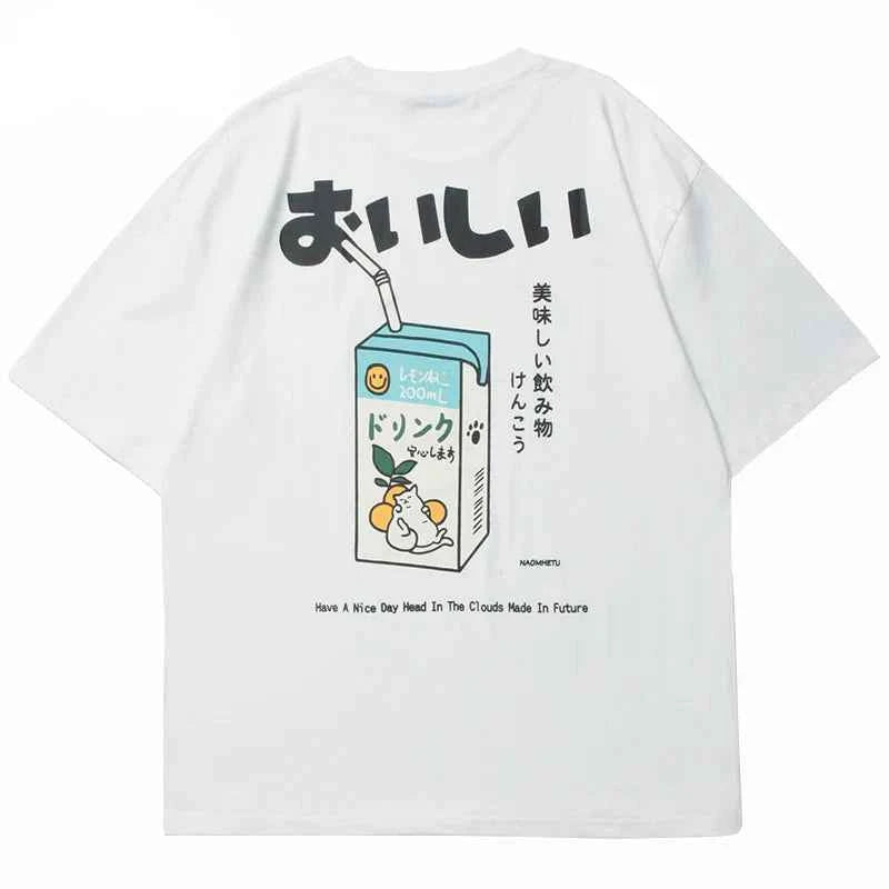 Oversize Japanese Kanji Letter Embroidered Drink T-Shirt