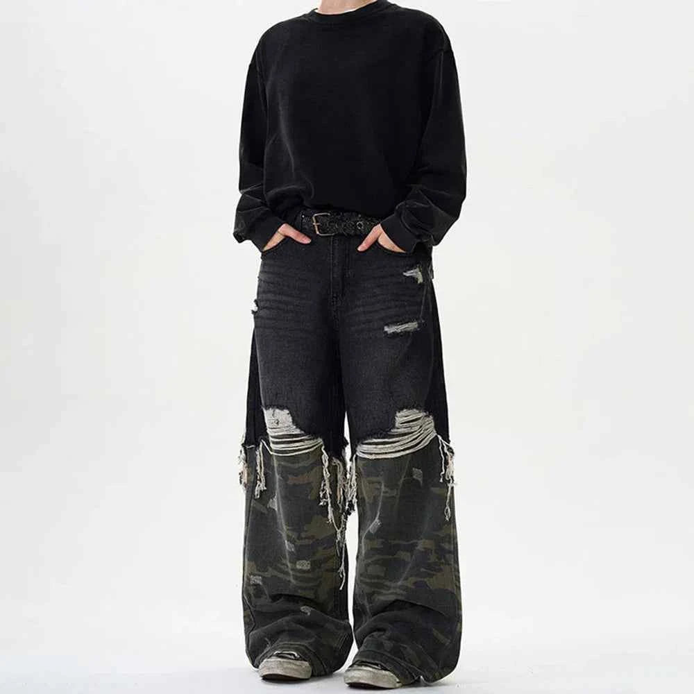 Vintage Camouflage Stitched Baggy Ripped Jeans