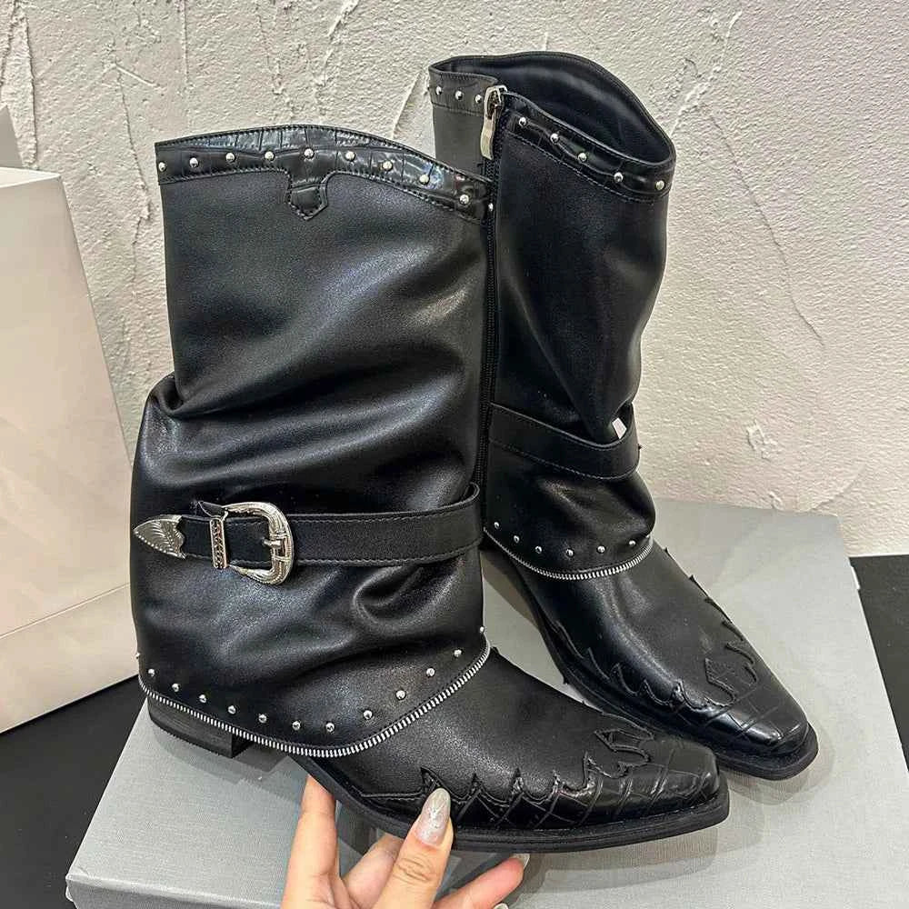 Punk Motorcycle Rivets Black Cowboy Boots