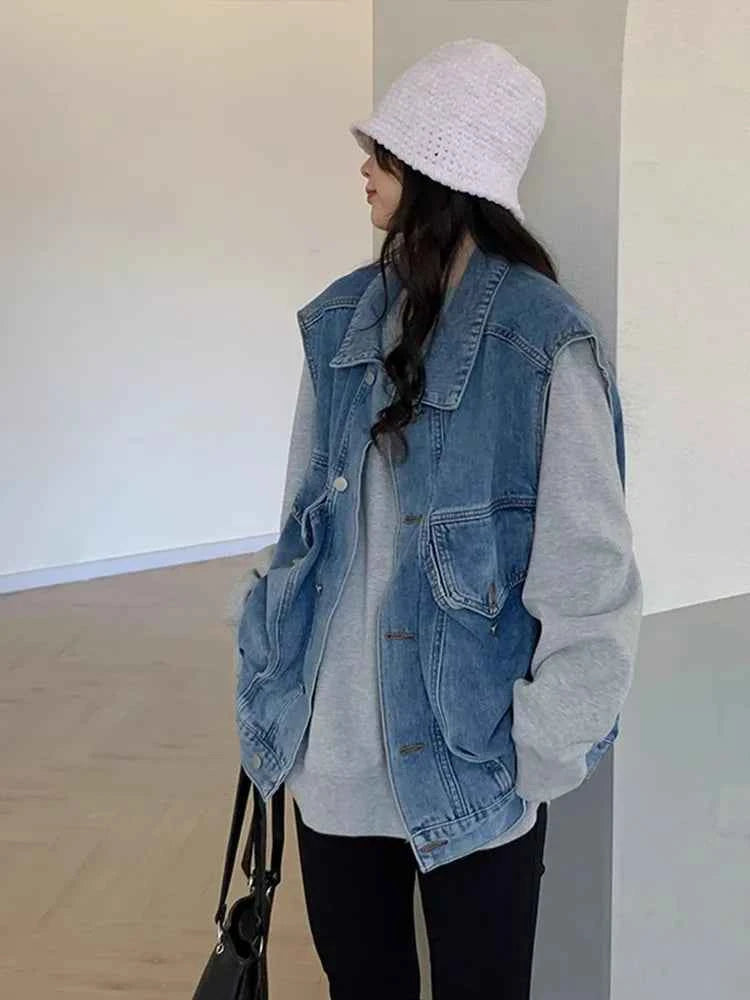 Blue Retro Loose Workwear Denim Jacket