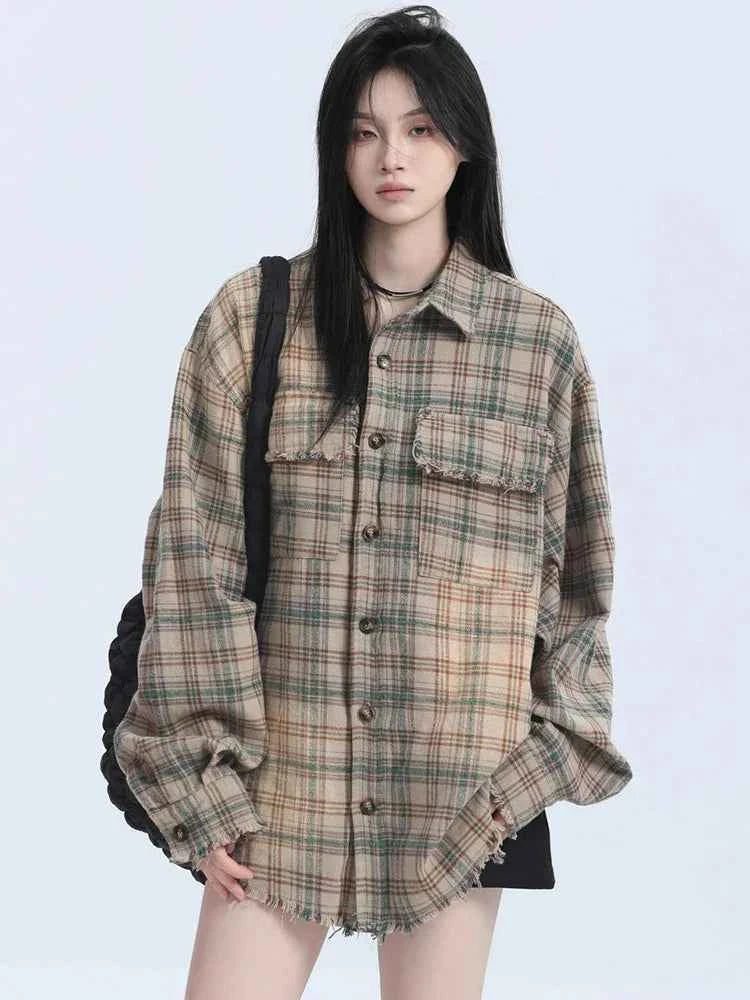 Women Streetwear Vintage Plaid Tassel Long Sleeve Shirt
