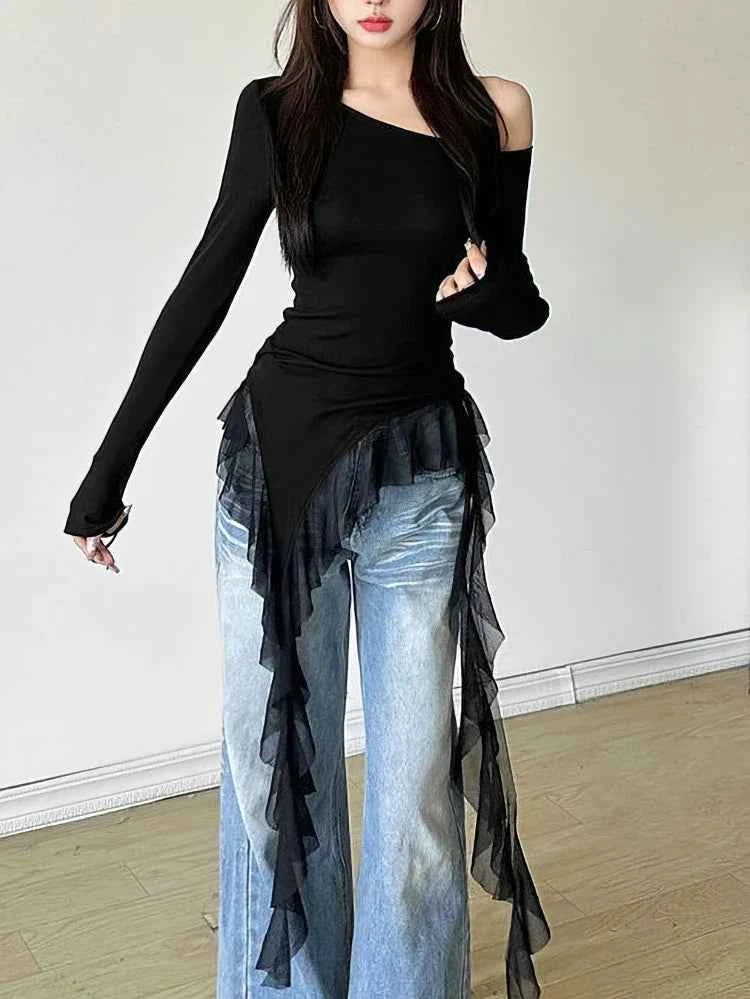 Sweet Gentle Ruffles Tassel Off T-Shirt