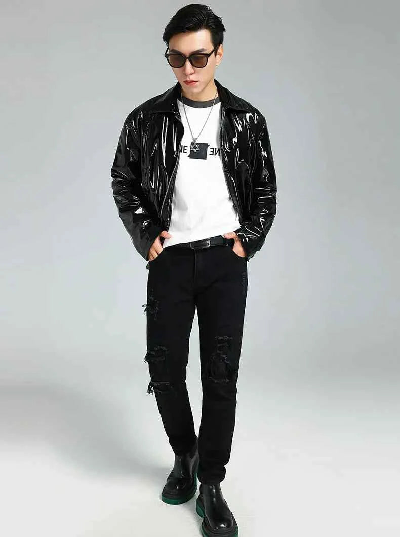 Black Shiny Reflective Patent PU Leather Jacket