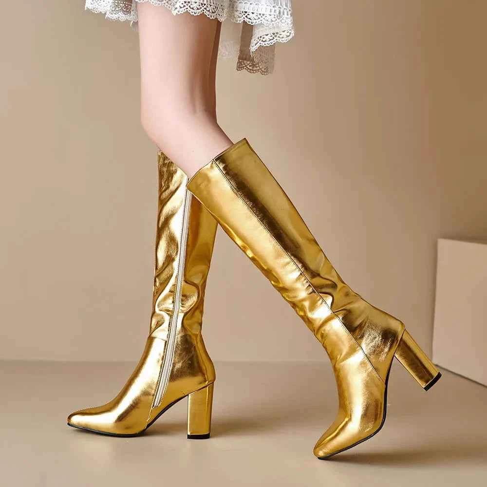 Elegant Metallic Zipper Knee High Leather Boots