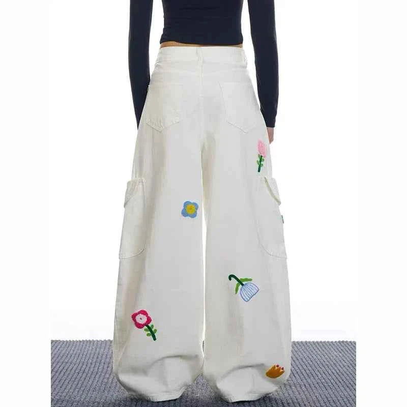 Y2K Versatile 2000s Style Red Floral Cargo Jeans