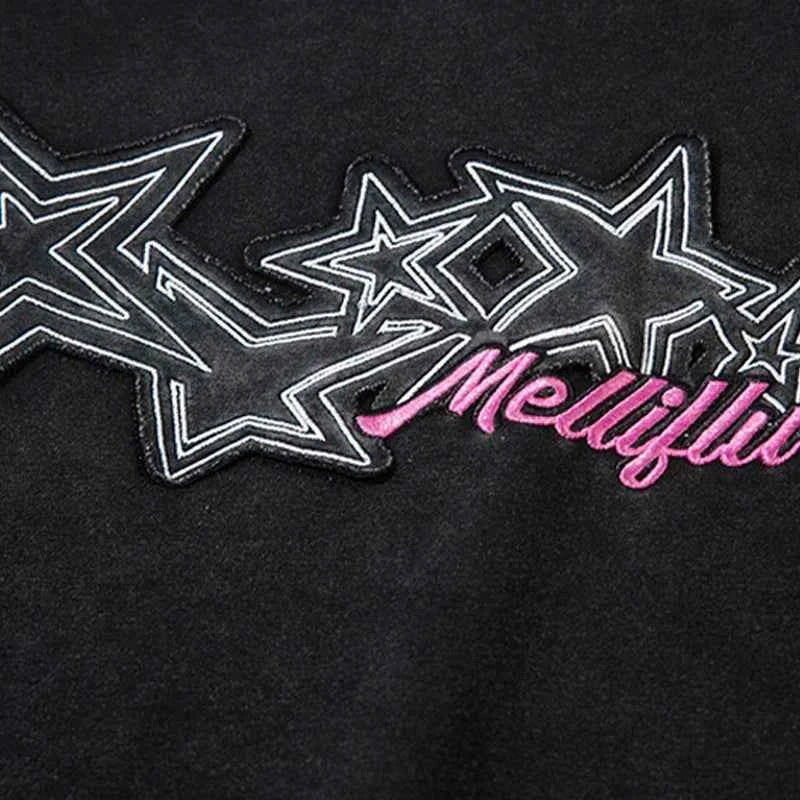 Effortless Streetwear Star Graphic Black Washed Hoodie