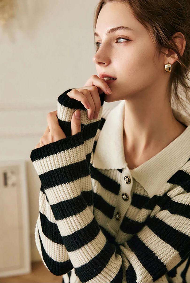 Cozy Button-Up Knitted Striped Polo Sweater - Luxuryurbanwear