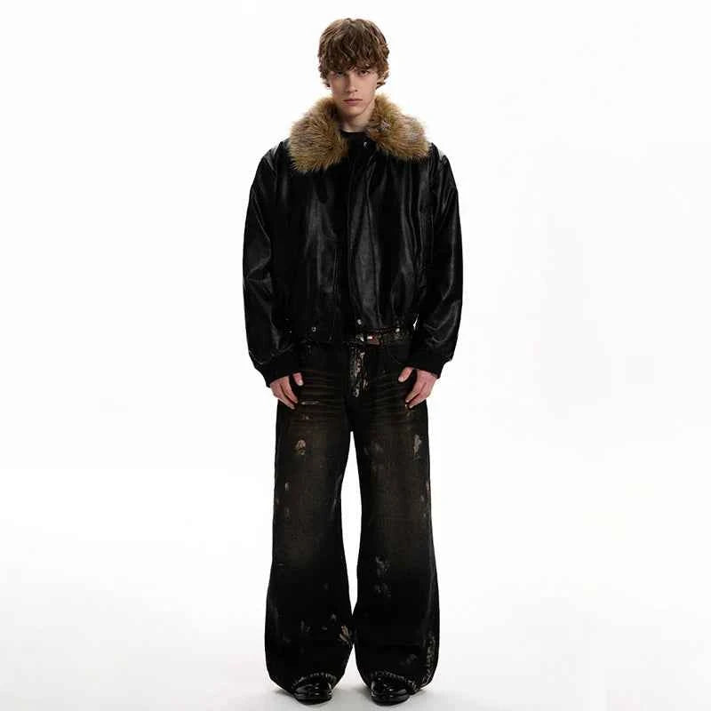 Luxury Faux Fur Lapel Leather Padded Jacket