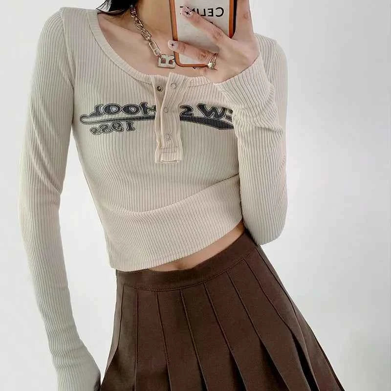 Vintage Letter Print Ribbed Crop T-Shirt