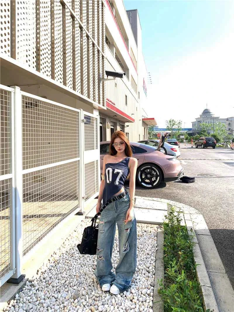 High-Quality Ripped Wide Leg Denim Jeans