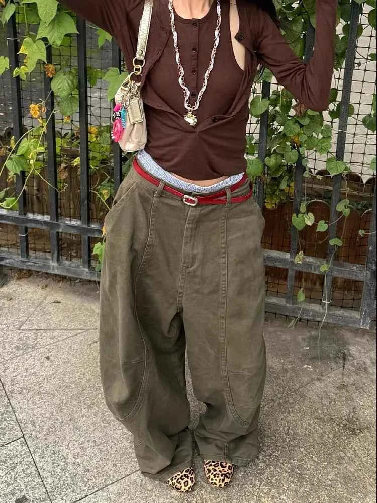 Streetwear Retro Military Green Curved Knife Pants