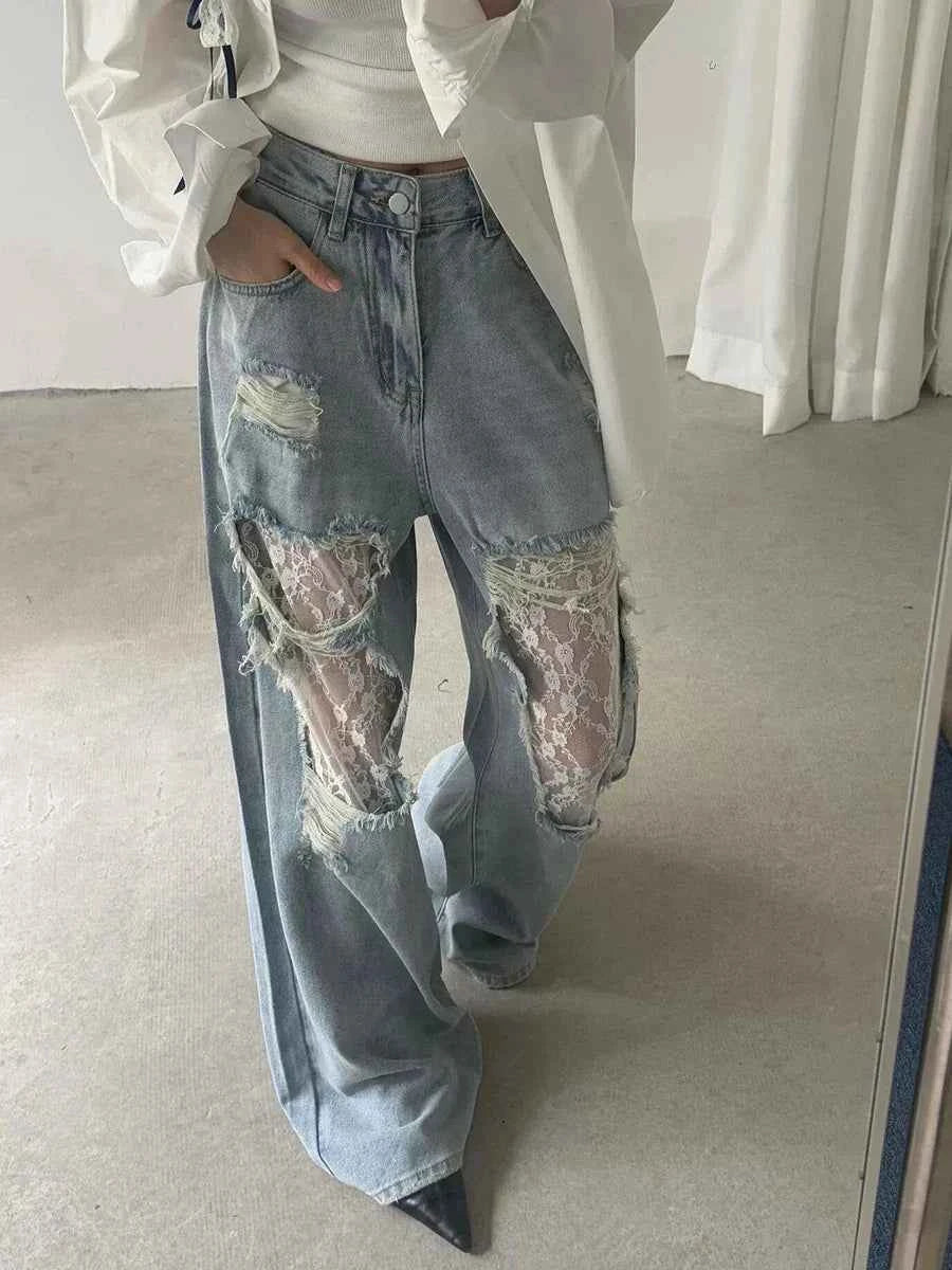 Women Retro Chic Lace Baggy Jeans