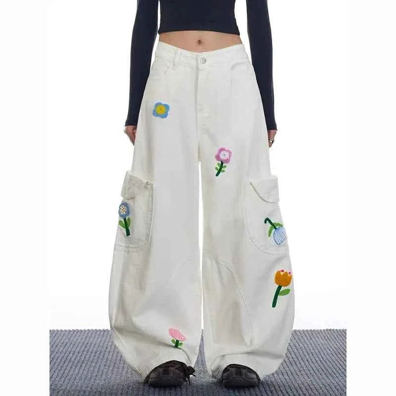 Y2K Versatile 2000s Style Red Floral Cargo Jeans