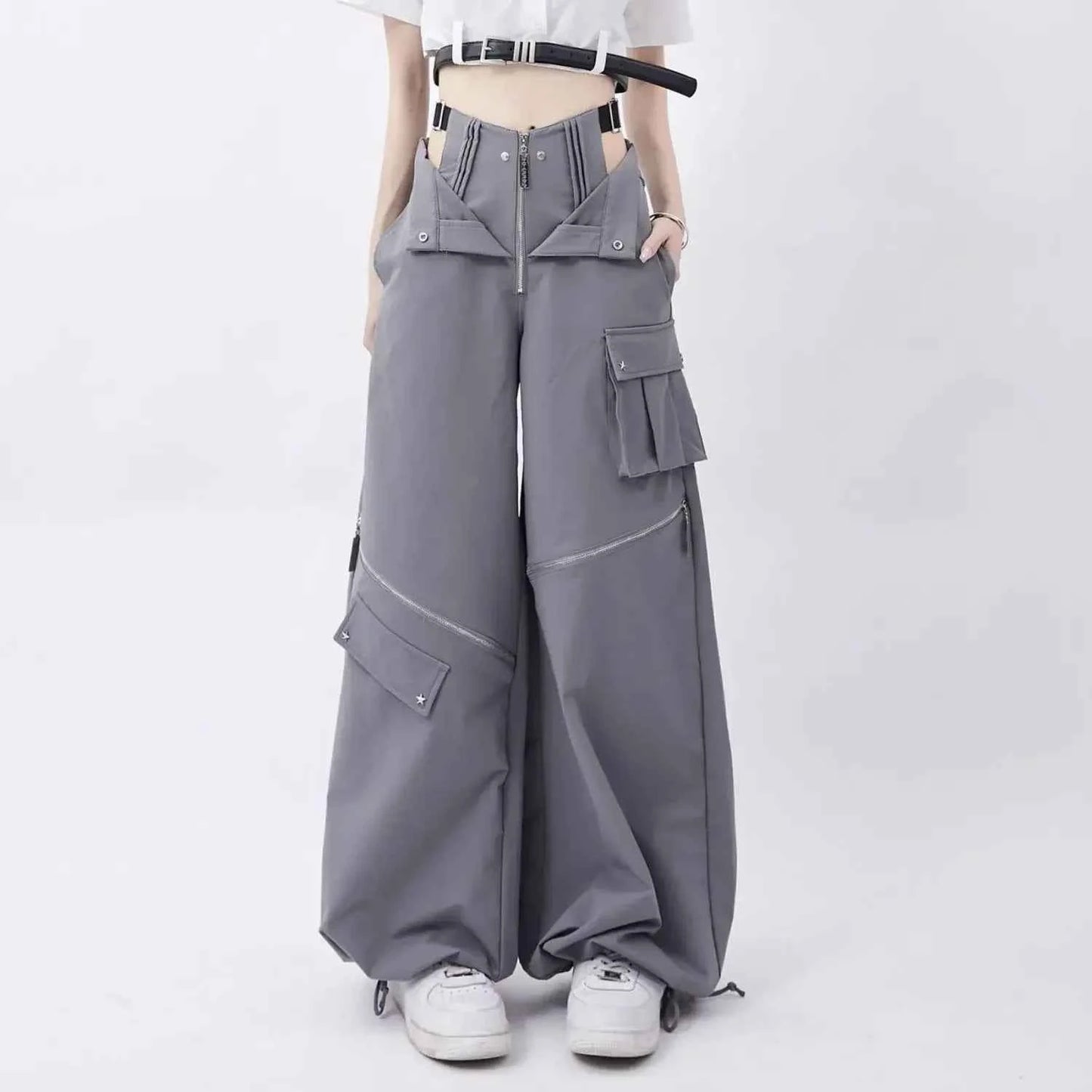 Black Cargo Zipper Design High Pants