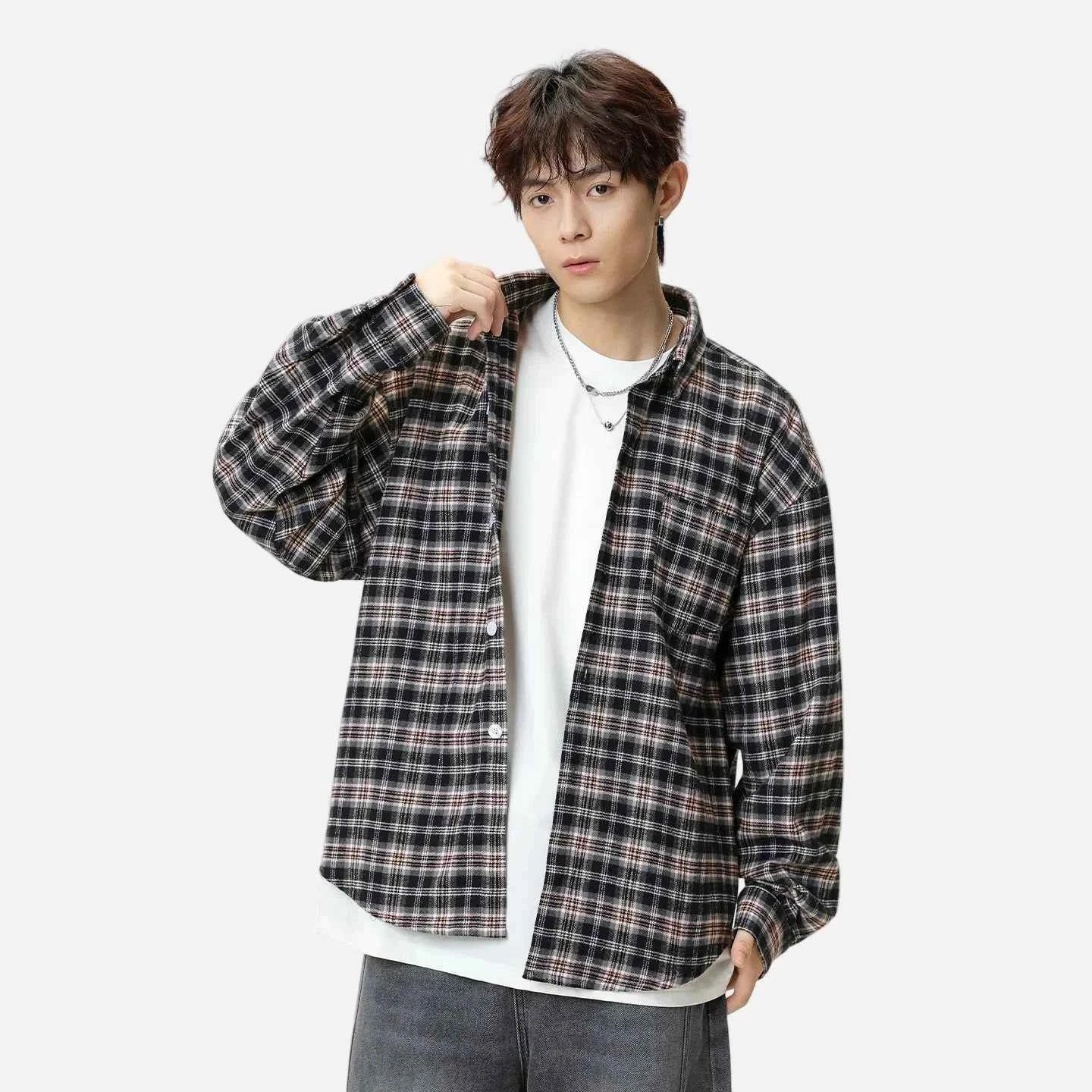 Retro Y2K Plaid Color Block Long Sleeve Shirt