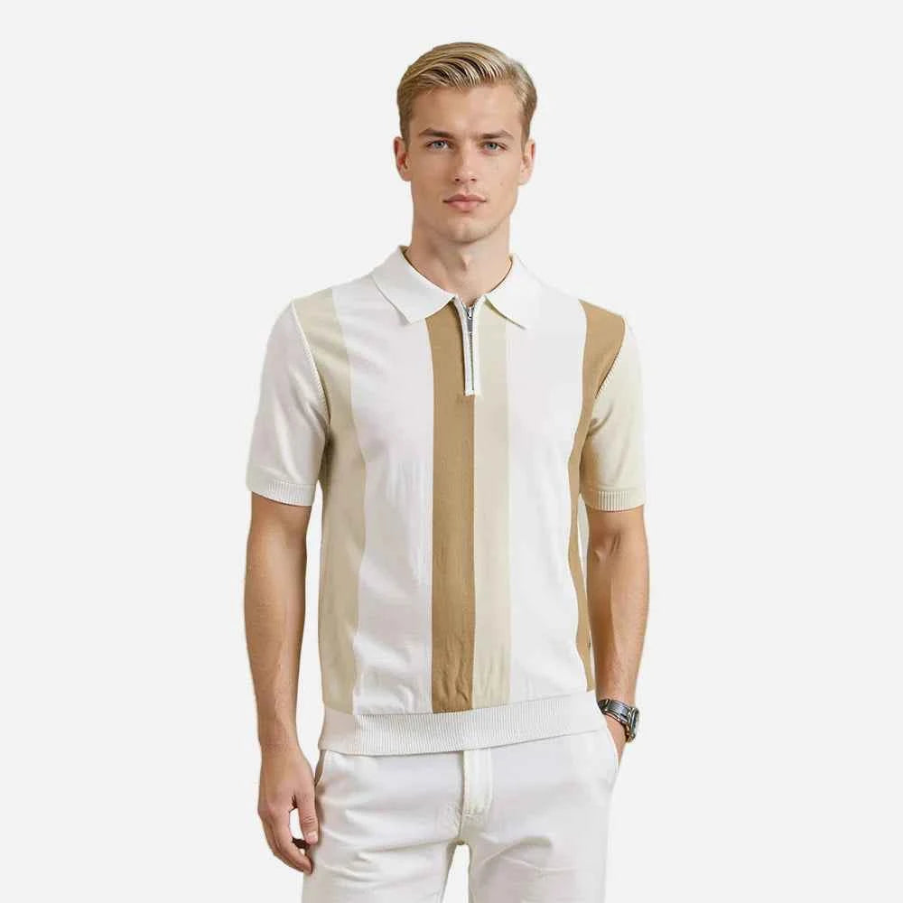 Retro American Style Striped Zip Polo T-Shirt