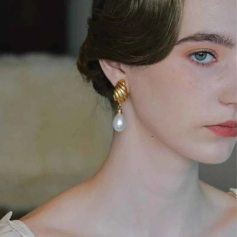 Stylish Gold Pearl Geometric Drop Earrings