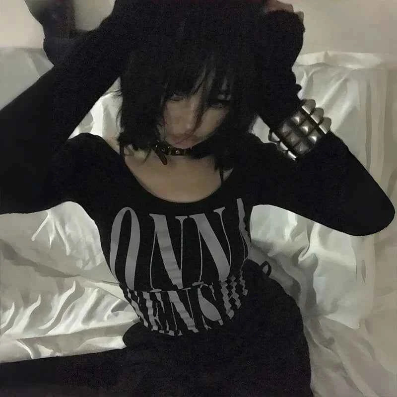 Gothic Letter Print Irregular Crop T-Shirt