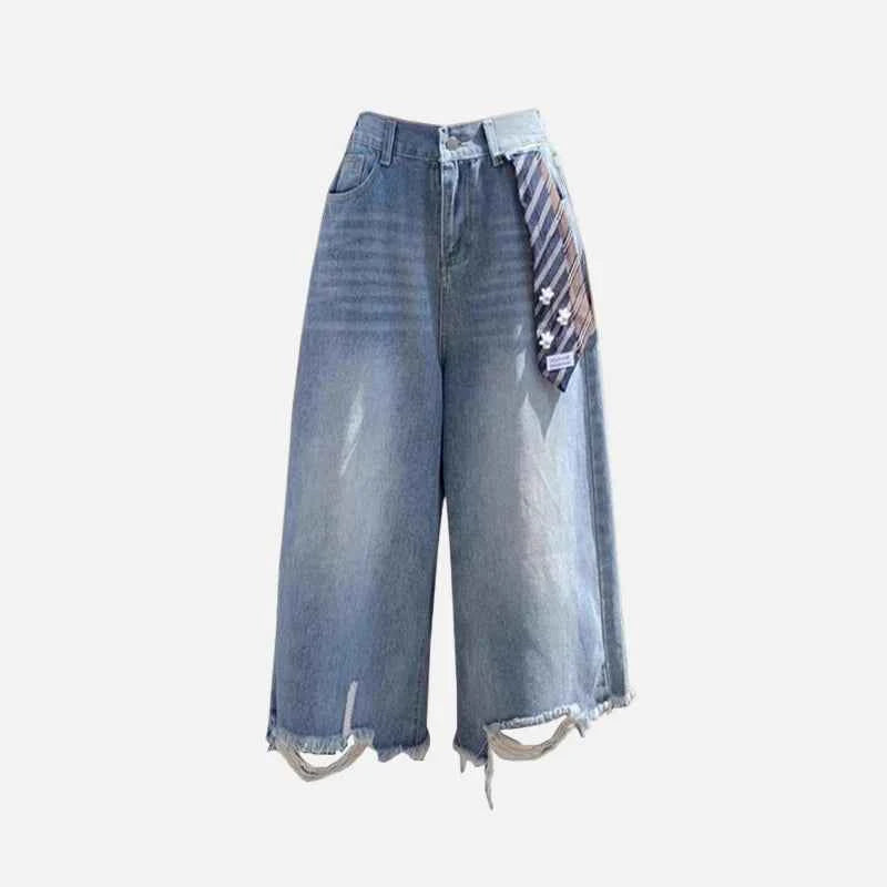 Y2K Patchwork Tie Distressed Denim Jorts
