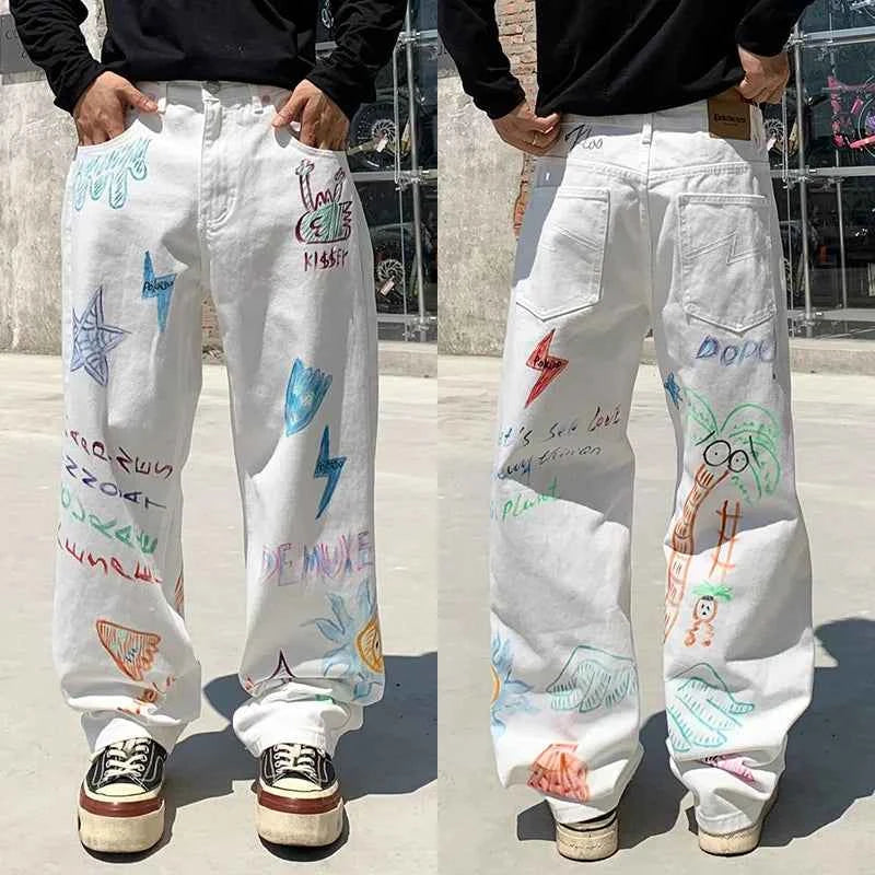 Wide Leg Flow Lightning Graffiti Printed Jeans