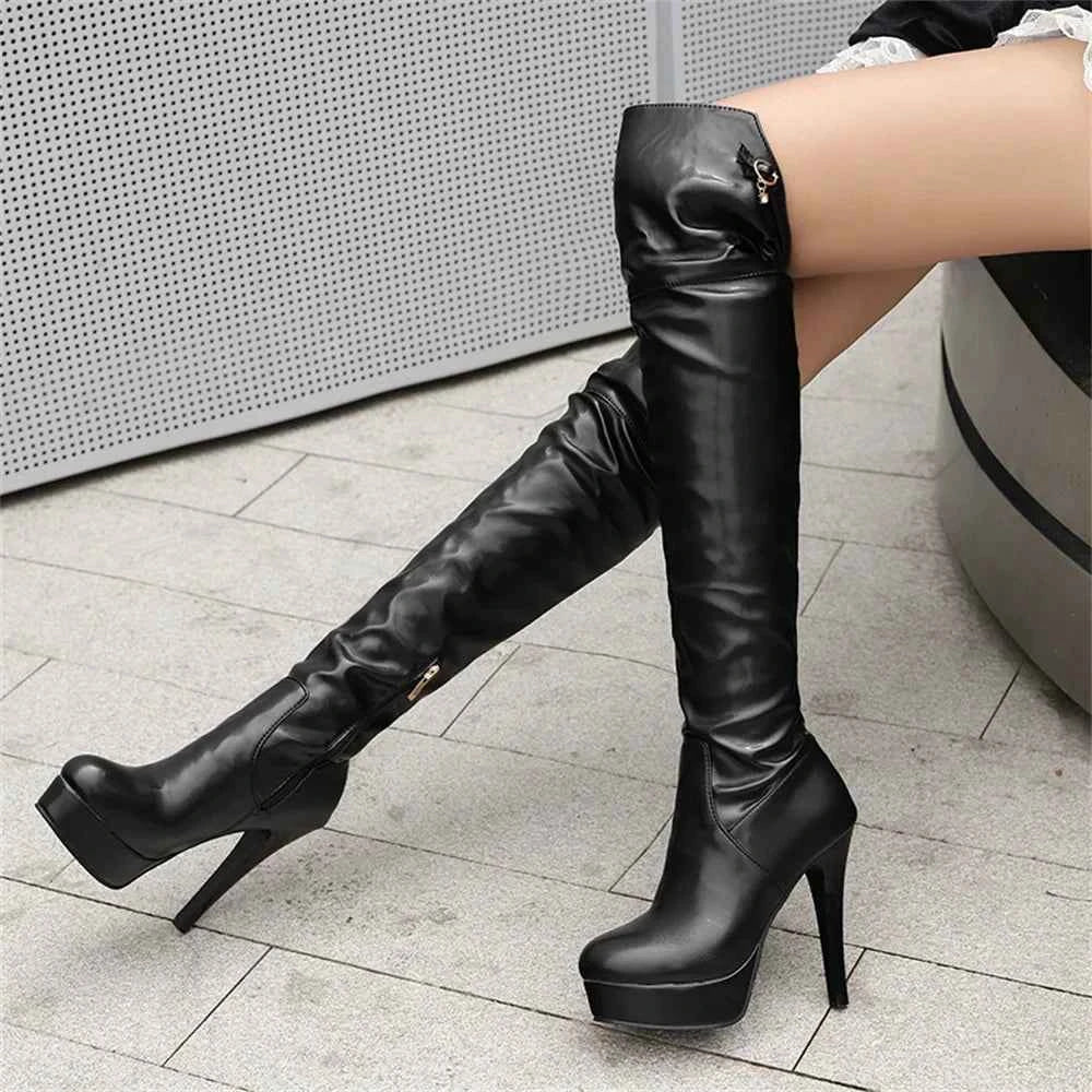 Embroidered Harness Stiletto Over Knee Leather Boots