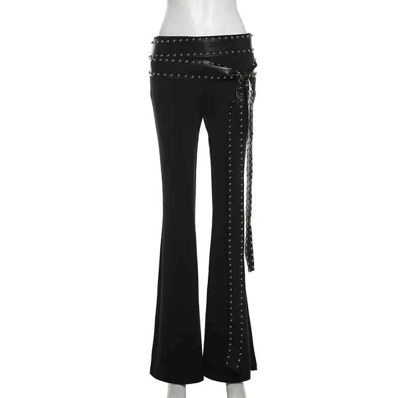Women Solid High Waist Flare Leather Pants