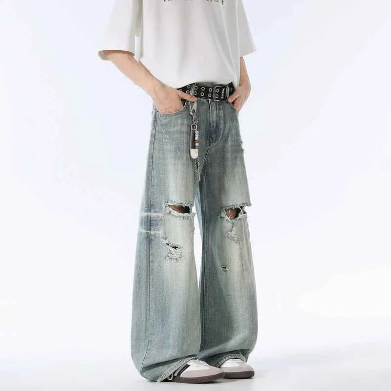 Streetwear Blue Baggy Ripped Wide Leg Jeans