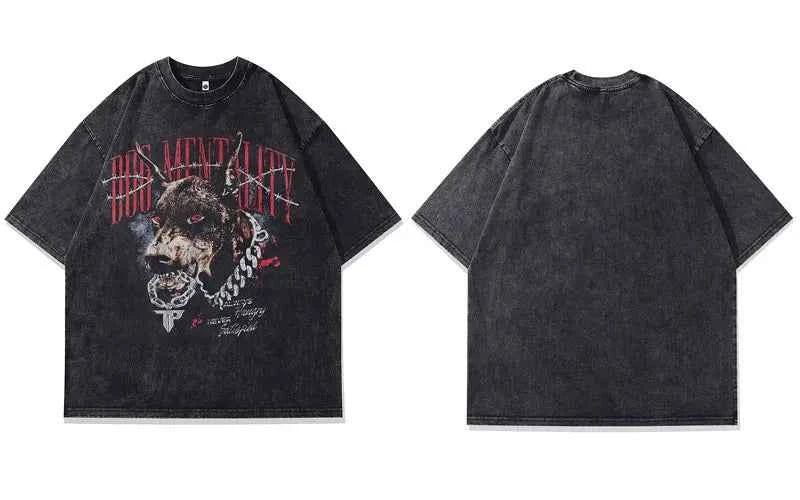 Y2K Black Washed Doberman Graphic Print T-Shirt