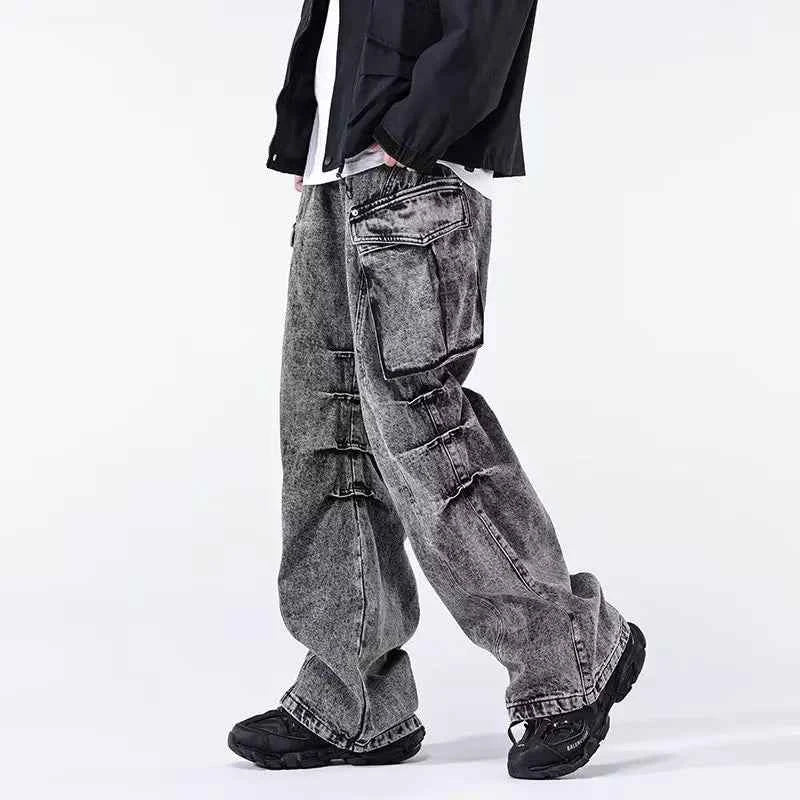 Minimal Look Gray Pleated Cargo Jeans