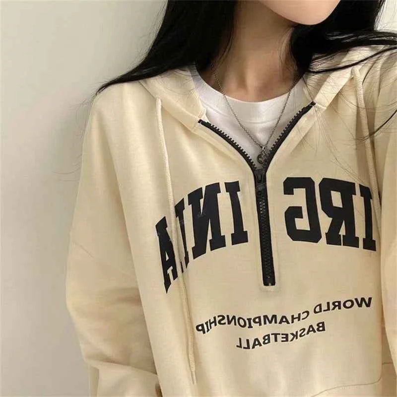 Cozy Zip-Up Letter Print Half Zipper Hoodie