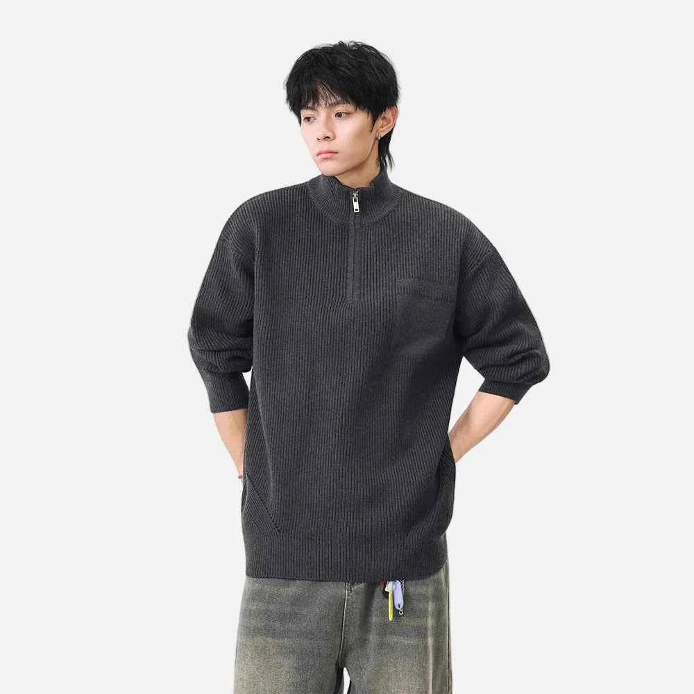 Soft Ribbed Knit Mock Neck Half Zipper Sweater