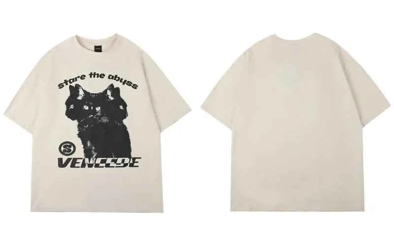 Punk Gothic Cat Print Loose Short Sleeve T-Shirt