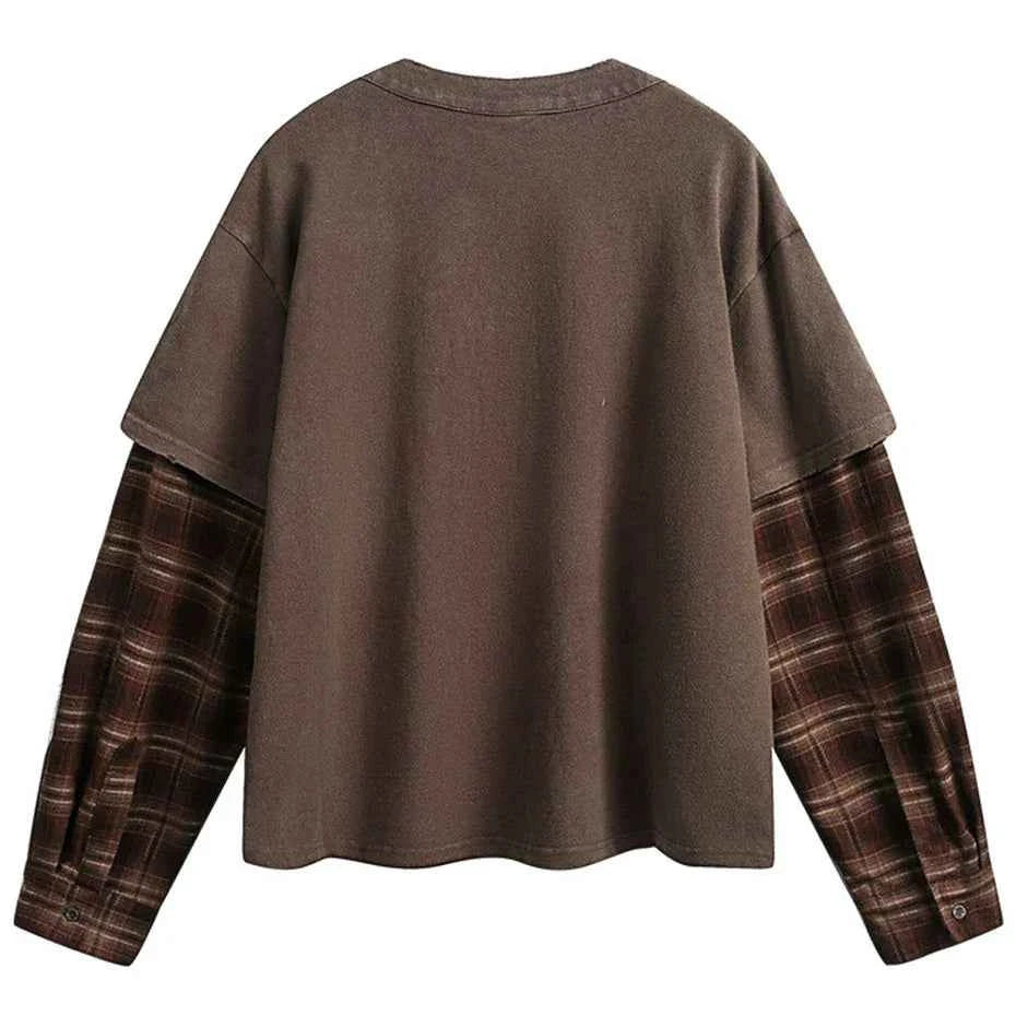 Plaid Patchwork Fake Two-Piece Long Sleeve T-Shirt