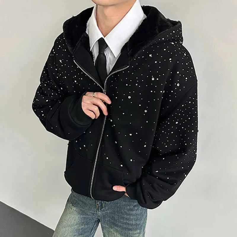 Diamond Patchwork Hooded Faux Fur Sweatshirt