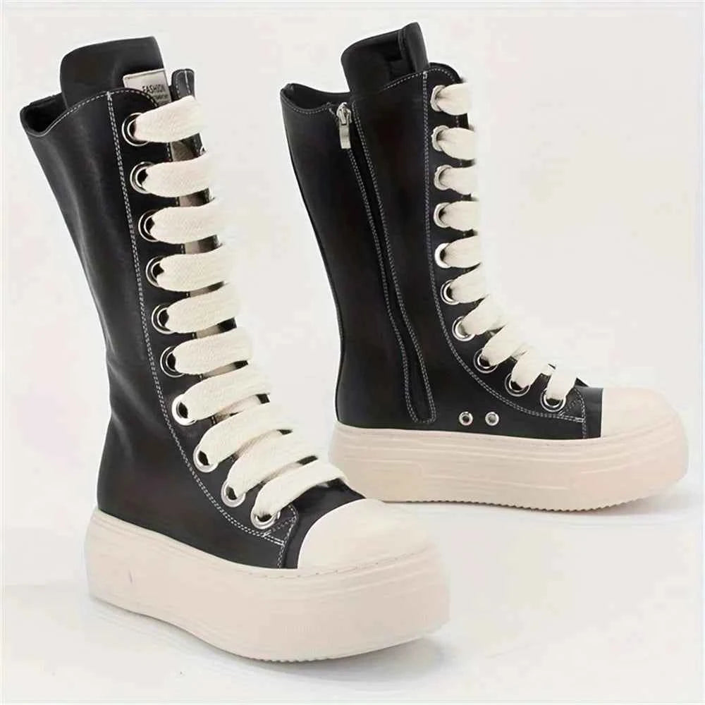 Stylish Zipper And Lace-Up Mid-Calf Boots