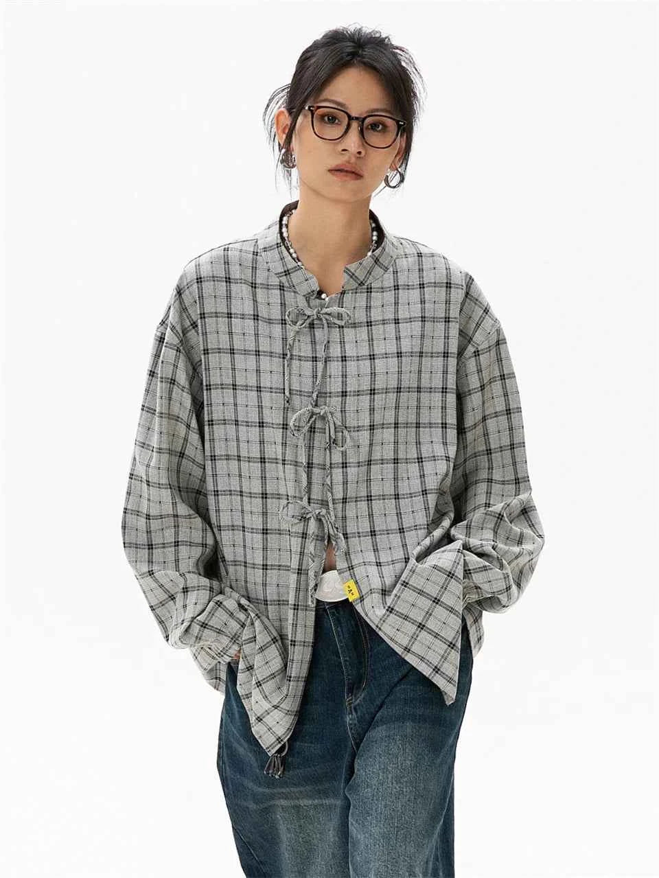 Elegant Gray Cool Plaid Blouse Long Shirt