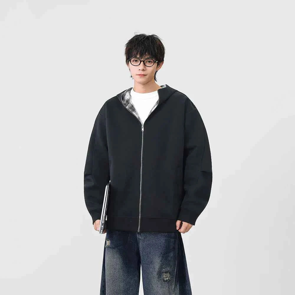 Plaid Zip-Up Casual Loose Hooded Sweatshirt