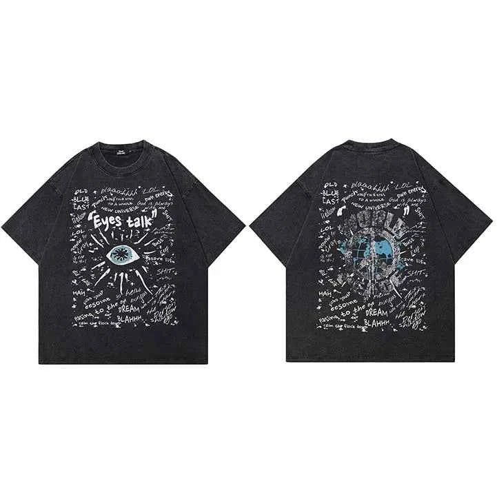 Effortless Streetwear Washed Black Eye Graffiti T-Shirt