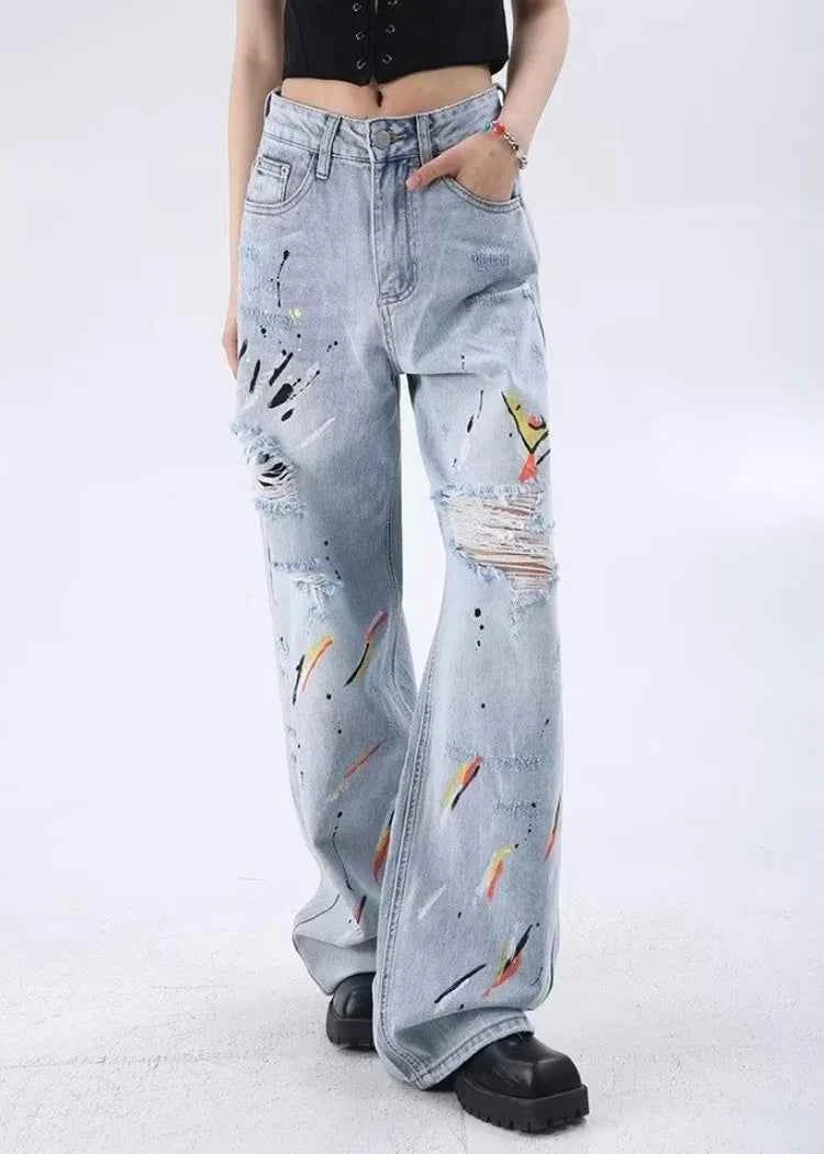 Vintage Washed Blue Graffiti Baggy Jeans
