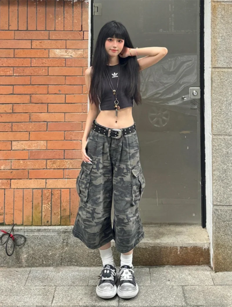 Streetwear Vintage camouflage denim high cargo Jorts - Luxuryurbanwear