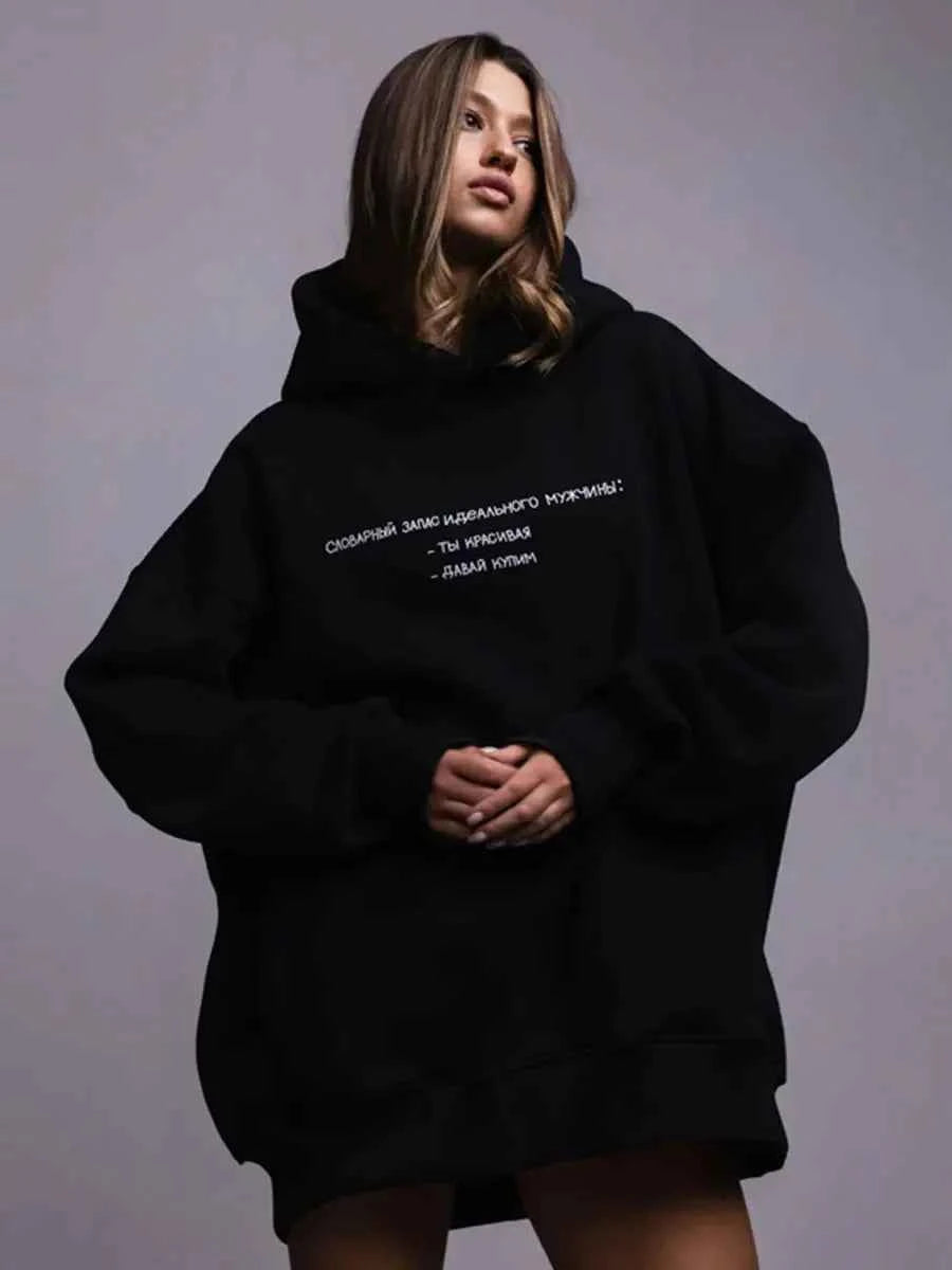 Cozy Oversized Retro Print Fleece Hoodie
