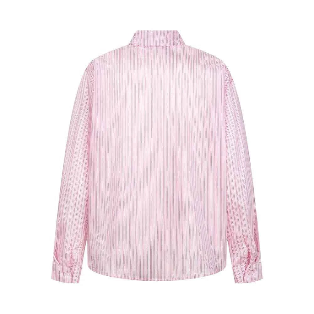 Retro Striped Cartoon Print Lapel Long Sleeve Shirt