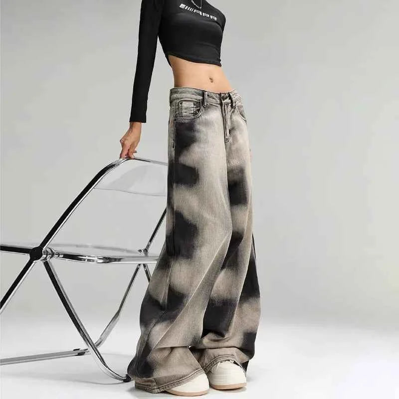 Women Vintage Grey Tie Dye Baggy Jeans