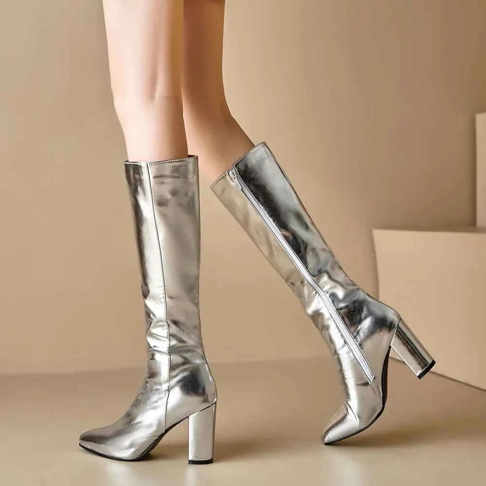 Elegant Metallic Zipper Knee High Leather Boots