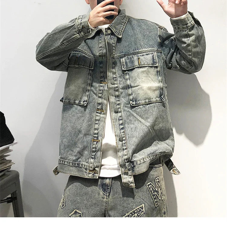 Tied Die Lapel Button Up Jean Jacket