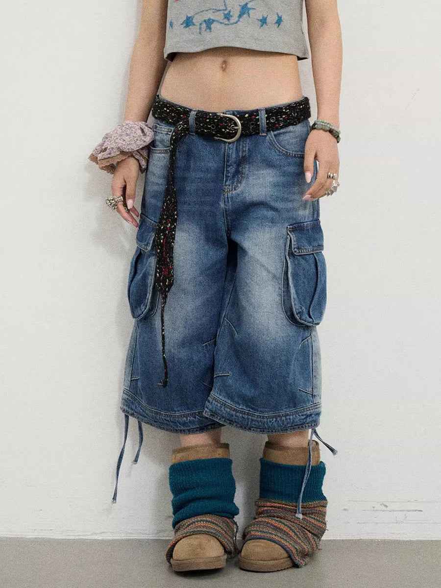Vintage Cozy Drawstring Cargo Denim Jorts