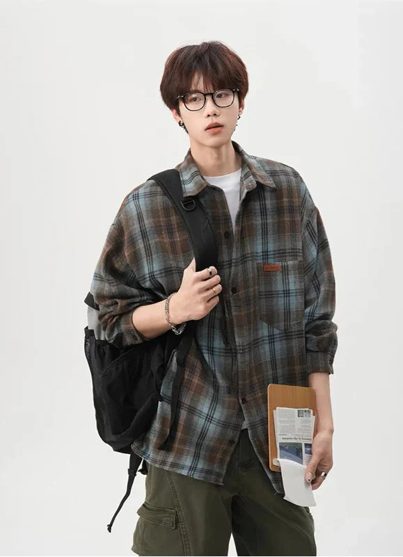 Vintage American Style Blue Plaid Shirt - Luxuryurbanwear
