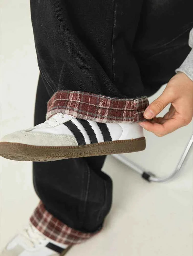 American Casual Plaid Patchwork Washed Jeans
